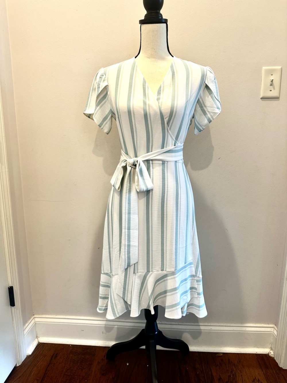 CAbi Light Blue and White Striped Wrap Midi Dress “Boardwalk Dress”